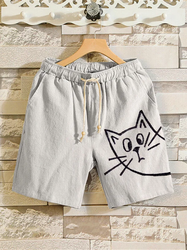 Men's Hiding Cat Sketch Art Print Casual Linen Blend Shorts