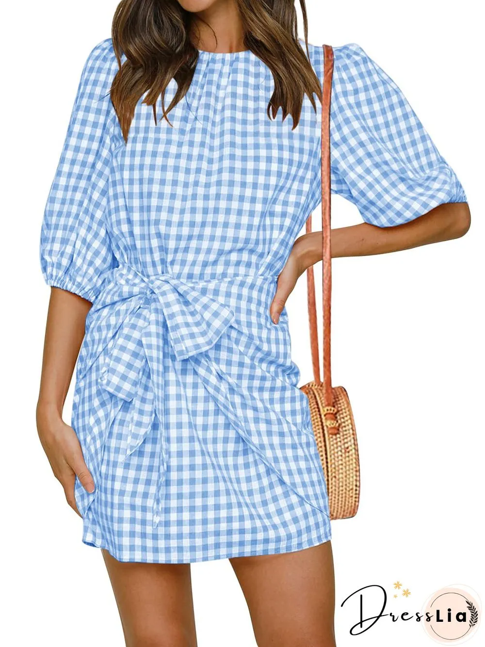Checked Girdle Waist Belt Folding Dress