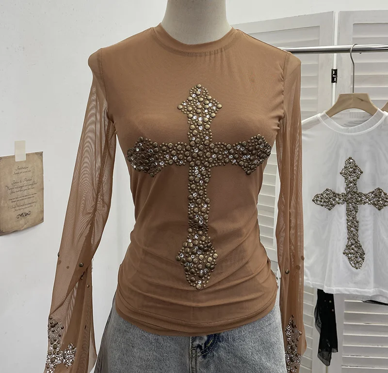 Nigikala Nigikala Shooting Heavy Industry Design Sense Cross Rivet Water Drill Waste Soil Horn Sleeve Double Mesh Yarn Trinket 2706