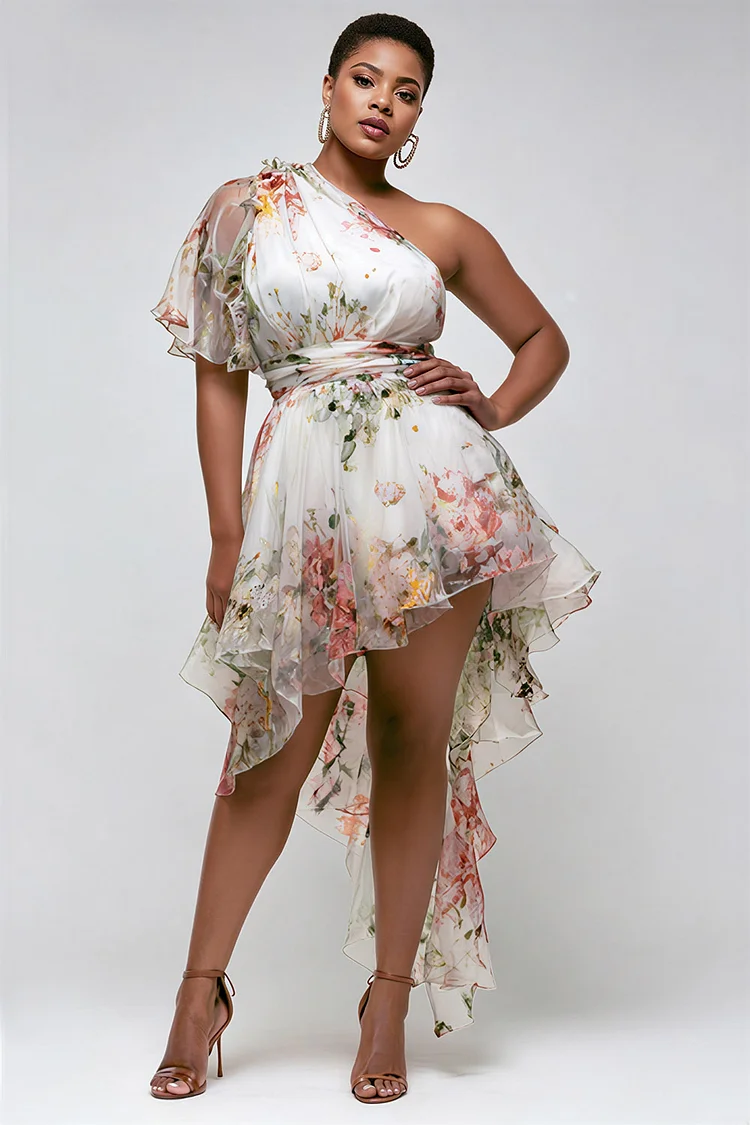 Xpluswear Design Plus Size Party Elegant White Floral One Shoulder Short Sleeve High Low Hem See Through Organza Mini Dresses [Pre-Order] 2024 - Xpluswear