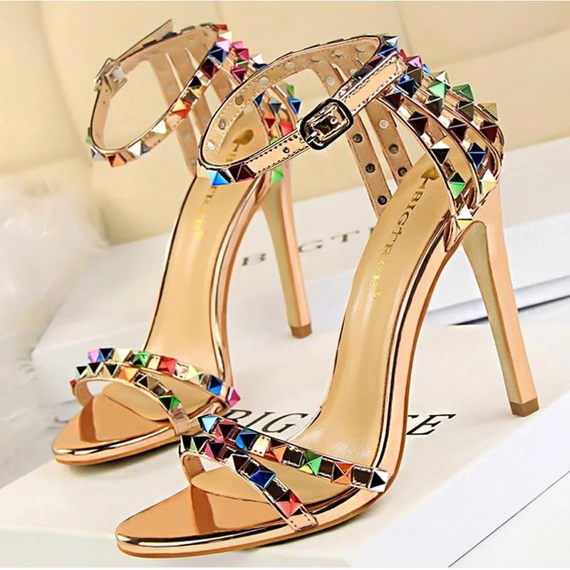 2021 Summer Fashion Color Rivet Buckle Open Toe Fish Mouth Sandals Women Sexy Party Model Stiletto Shoes Women's Shoes