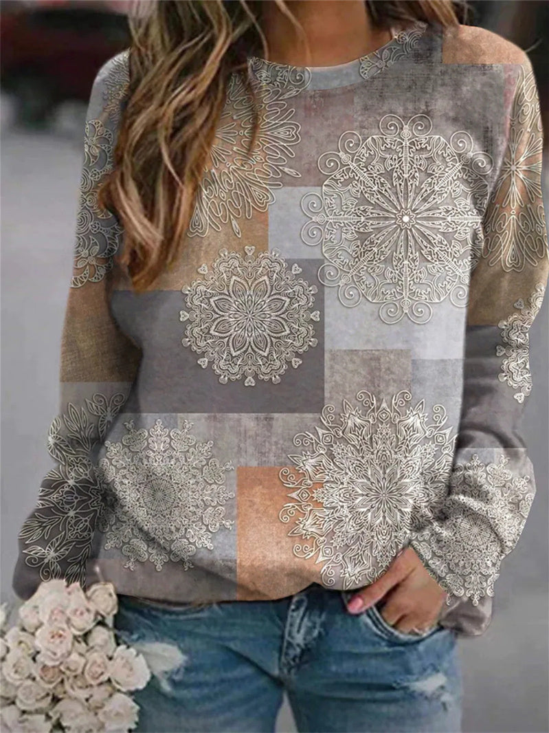 Women Long Sleeve V-neck Graphic Floral Printed Top