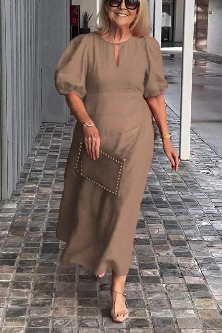 Women Half Sleeve V-neck Solid Color Dress