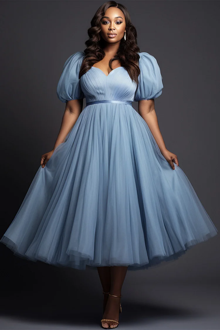 Xpluswear Design Plus Size Prom Blue Puff Sleeve Short Sleeve Pleated Tulle Midi Dresses 2024 - Xpluswear