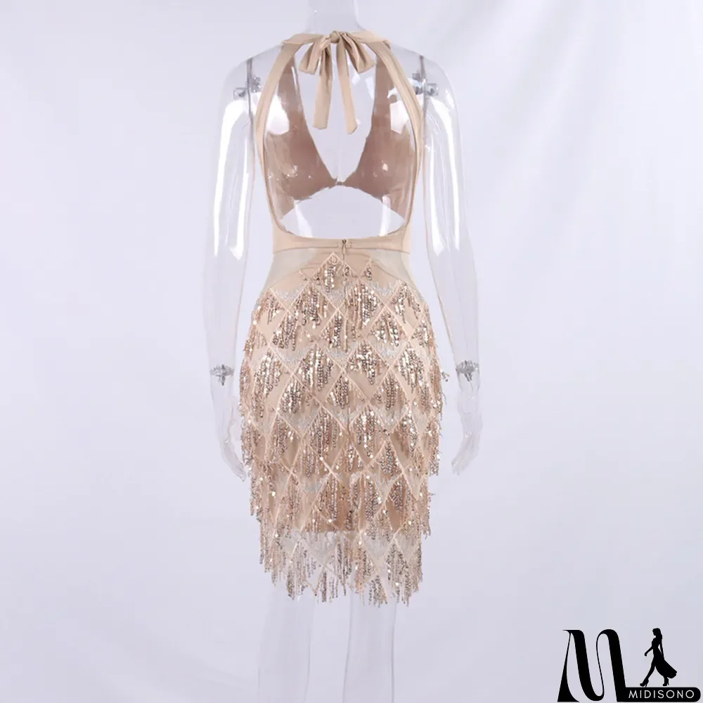 MidiSono - Autumn/Winter Halter Neck Sexy V-Neck Sequined Tassel Hollow Out Low Back Party Dress
