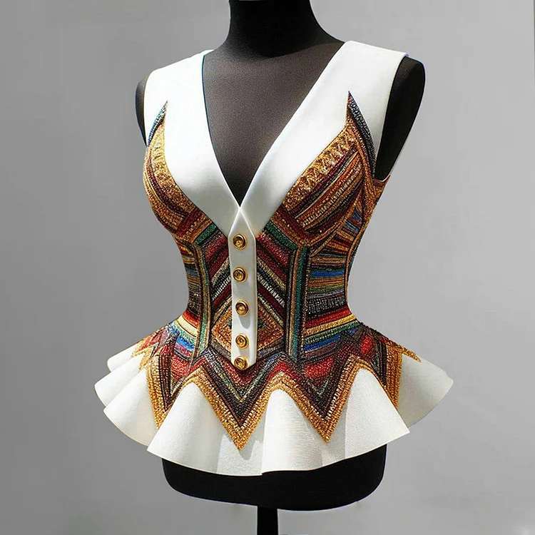 Ethnic Print V Neck Sleeveless Buttons Ruffle Hem Blouse
