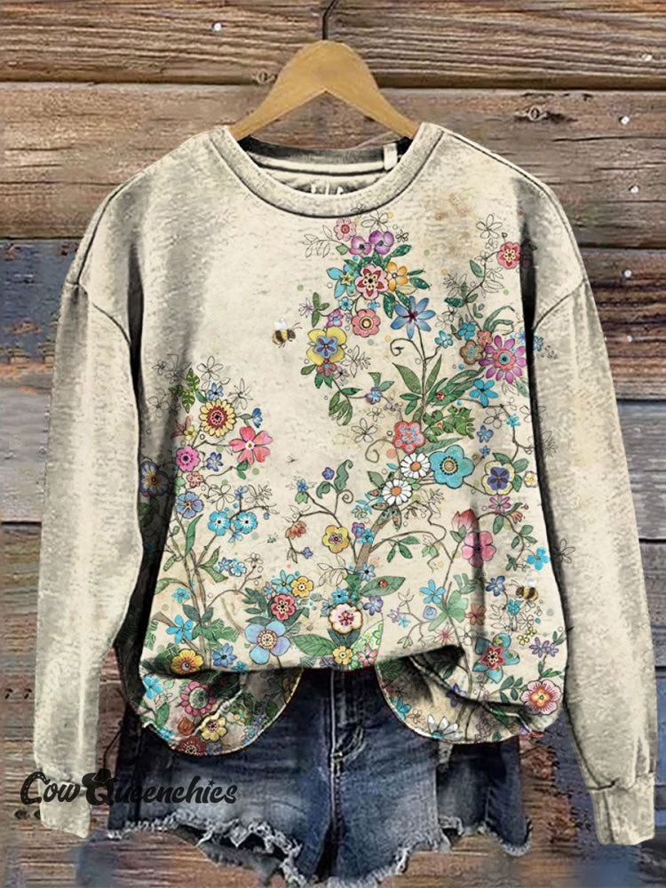 Vintage Flower Casual Cotton Sweatshirt Multicolor / S