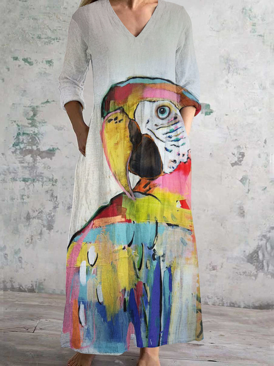 Women's V Neck Parrot Painting Art Cotton Linen Pocket Dress