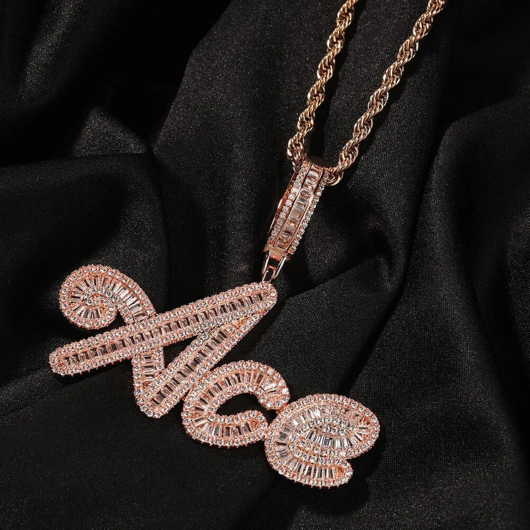 Custom Name Iced Out Bageutte Brush Cursive Letters Pendant Necklace-VESSFUL