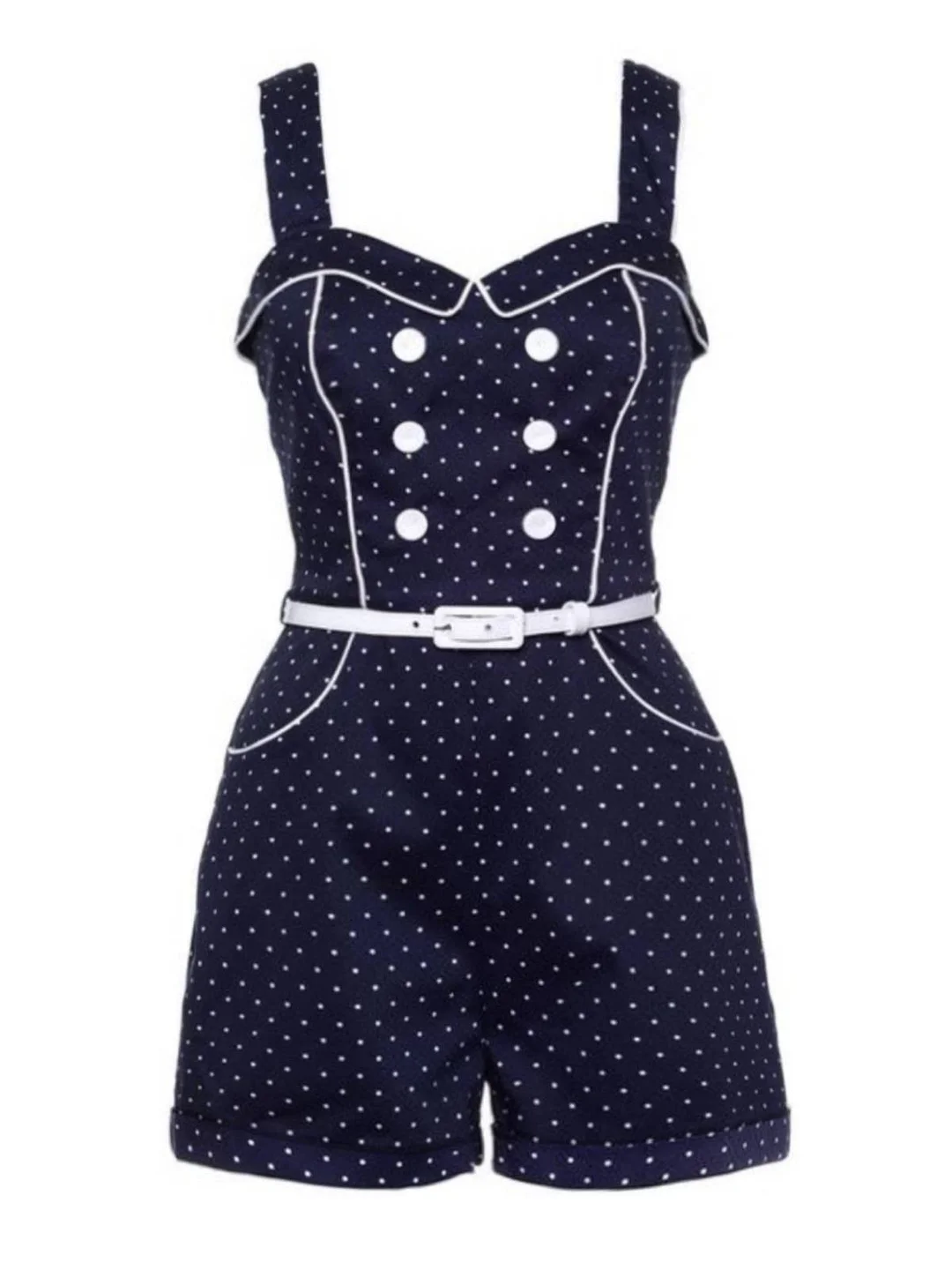 Navy Blue 1950s Polka Dot Pocket Romper