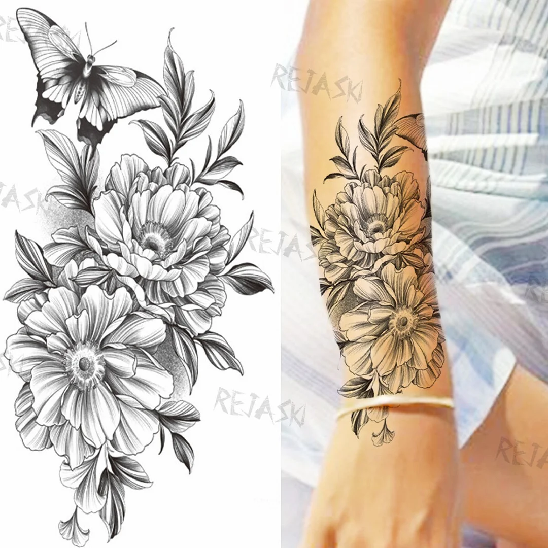 Black Infinity Temporary Tattoos For Women Girls Realistic Sun Flower Rose Letter Fake Tattoo Sticker Waterproof Arm Tatoos