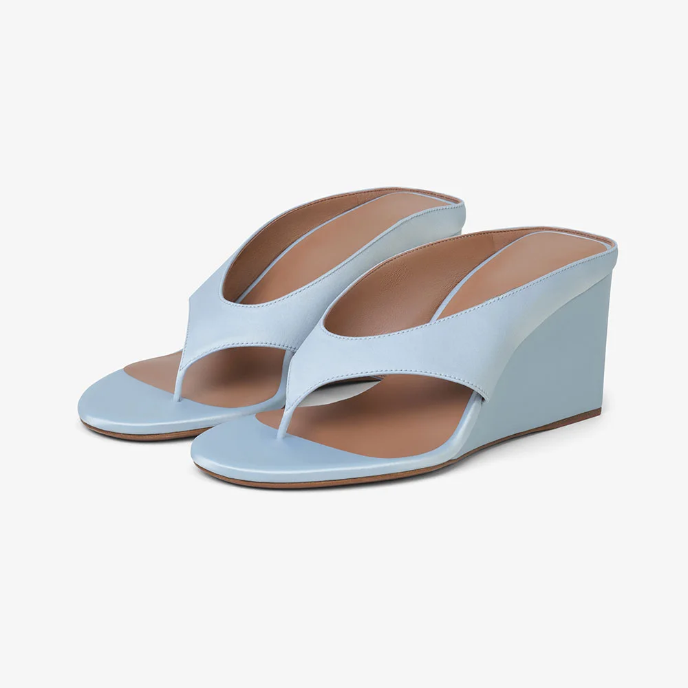 Simple Light Blue Open-Toe Flip Flop Wedge Sandals for Women
