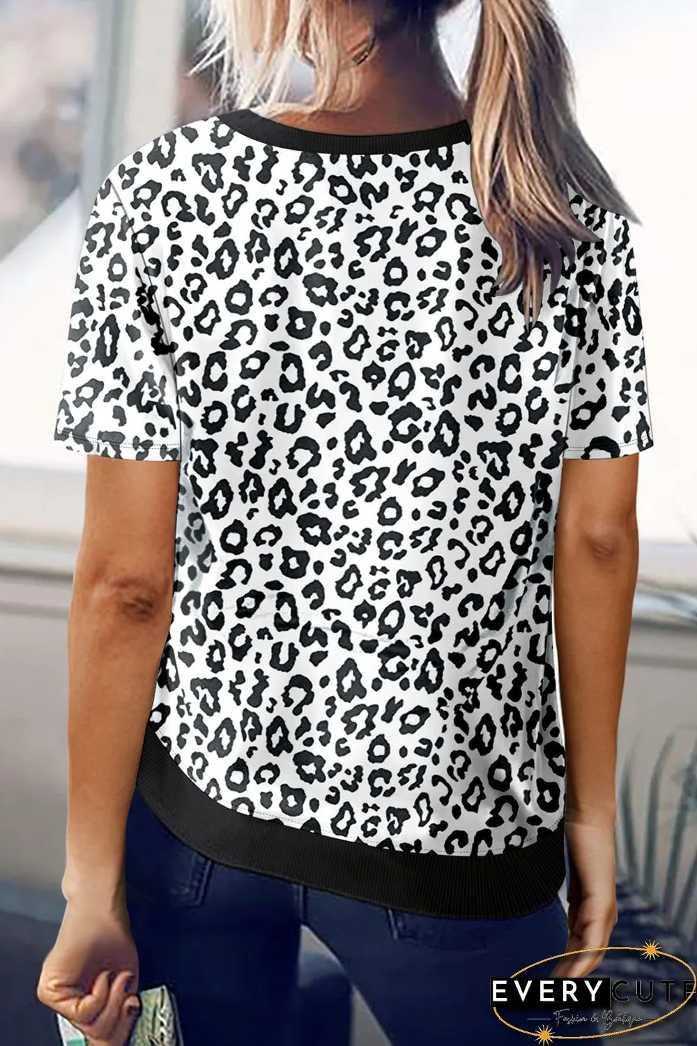 White Crew Neck Leopard Side Split T-shirt