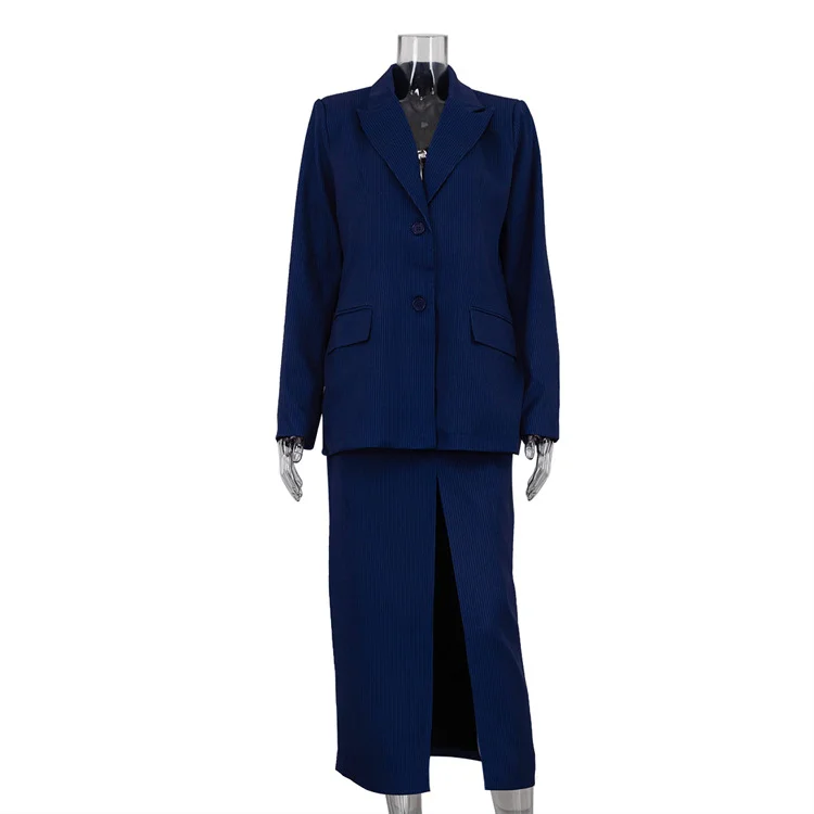 Striped Lapel Long Sleeve Top Suit High Waist Slit Skirt Two-piece Suit