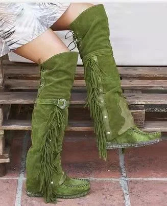 Yyvonne Fashion Bohemia Knee-length Women Boots Ethnic Personality High Boots Tassels Faux Suede Boots Girl Flat Bottom Long Botas