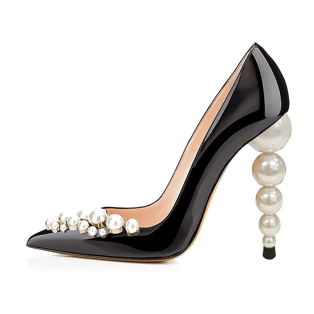 Black Patent Leather Pointed Toe Decorative Heel Pearl Pumps Nicepairs