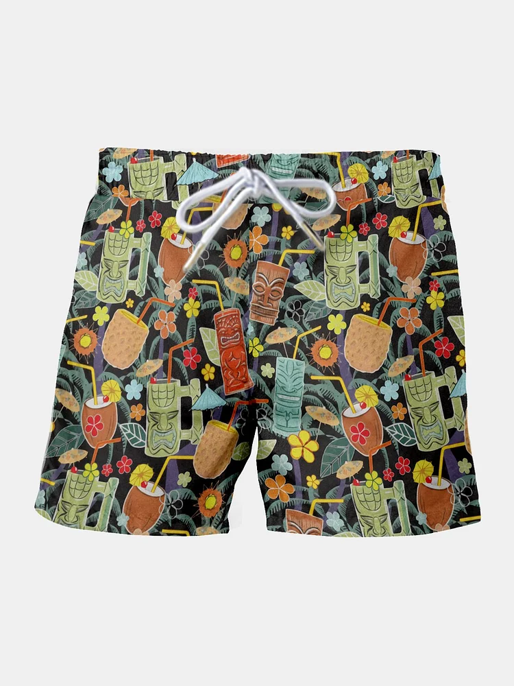 Resort-Inspired Hawaiian Cropped Beach Shorts With Palm Leaves And Floral Side Pockets