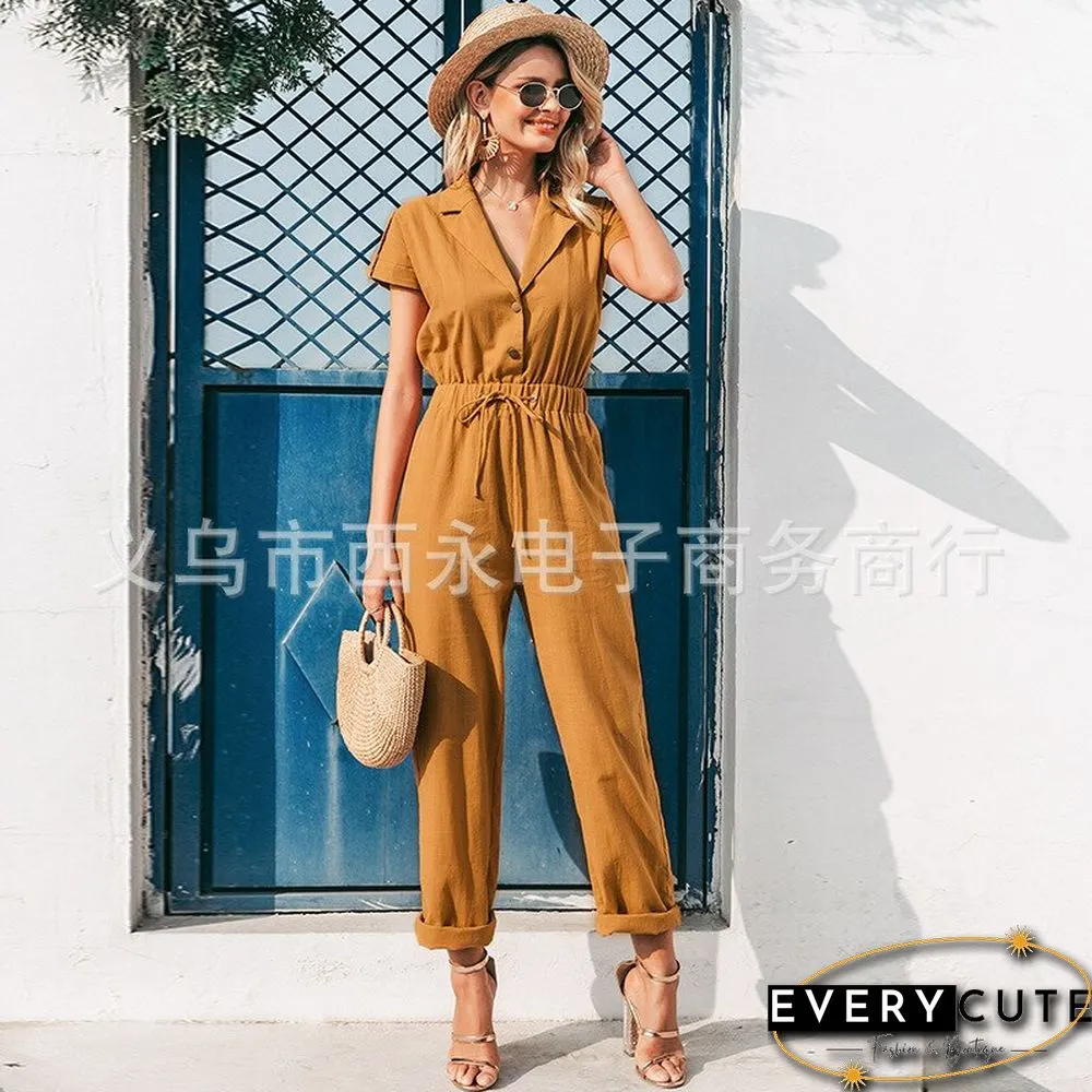 Spring & Summer High Waist Wide Leg Pants Drape Loose Cotton Jumpsuit Solid Color Belt