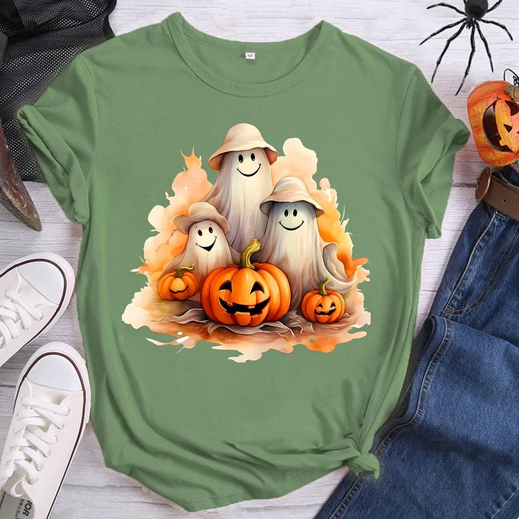 Halloween Pumpkin Ghost Round Neck T-shirt-0019572