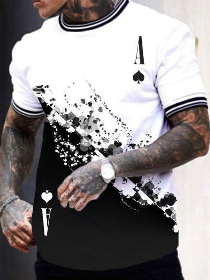 2023 Men's Hot Sale Fashion Casual Black and White Poker A Print T-Shirt Tops
