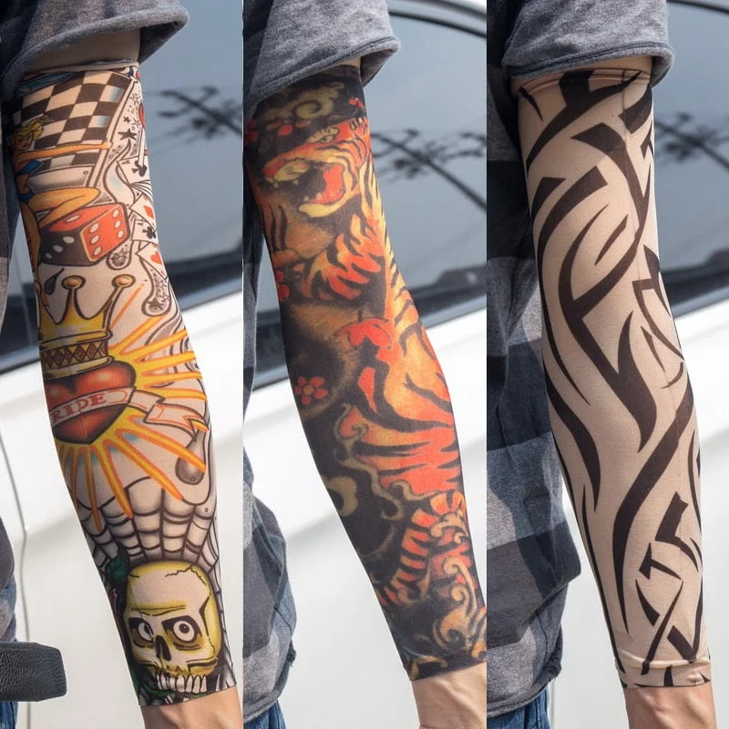3PCS/lot new mixed 100%Nylon elastic Fake temporary tattoo sleeve skull wolf totem dragon designs body Arm stockings cool men