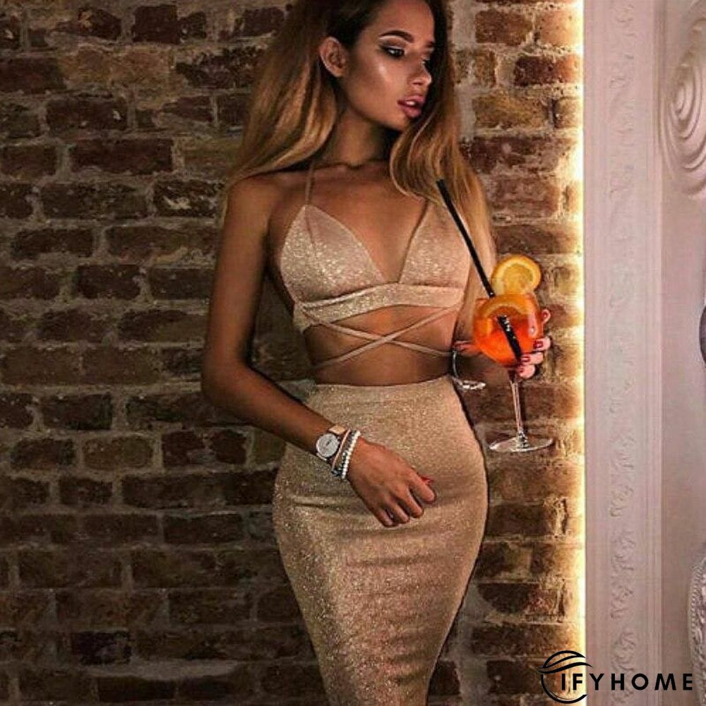 Women 2 Piece Set Party Dress Summer Ladies Casual Bandeau Cut Out Multi Tie Bodycon Slim Bardot Top Skirt Clubwear | IFYHOME