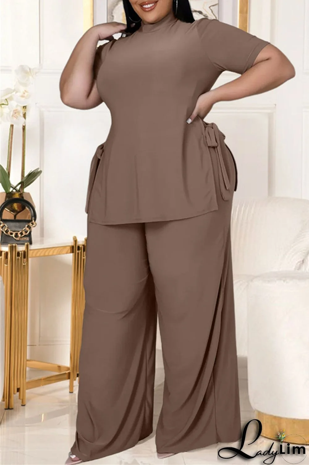 Black Fashion Casual Solid Bandage Slit Turtleneck Plus Size Two Pieces