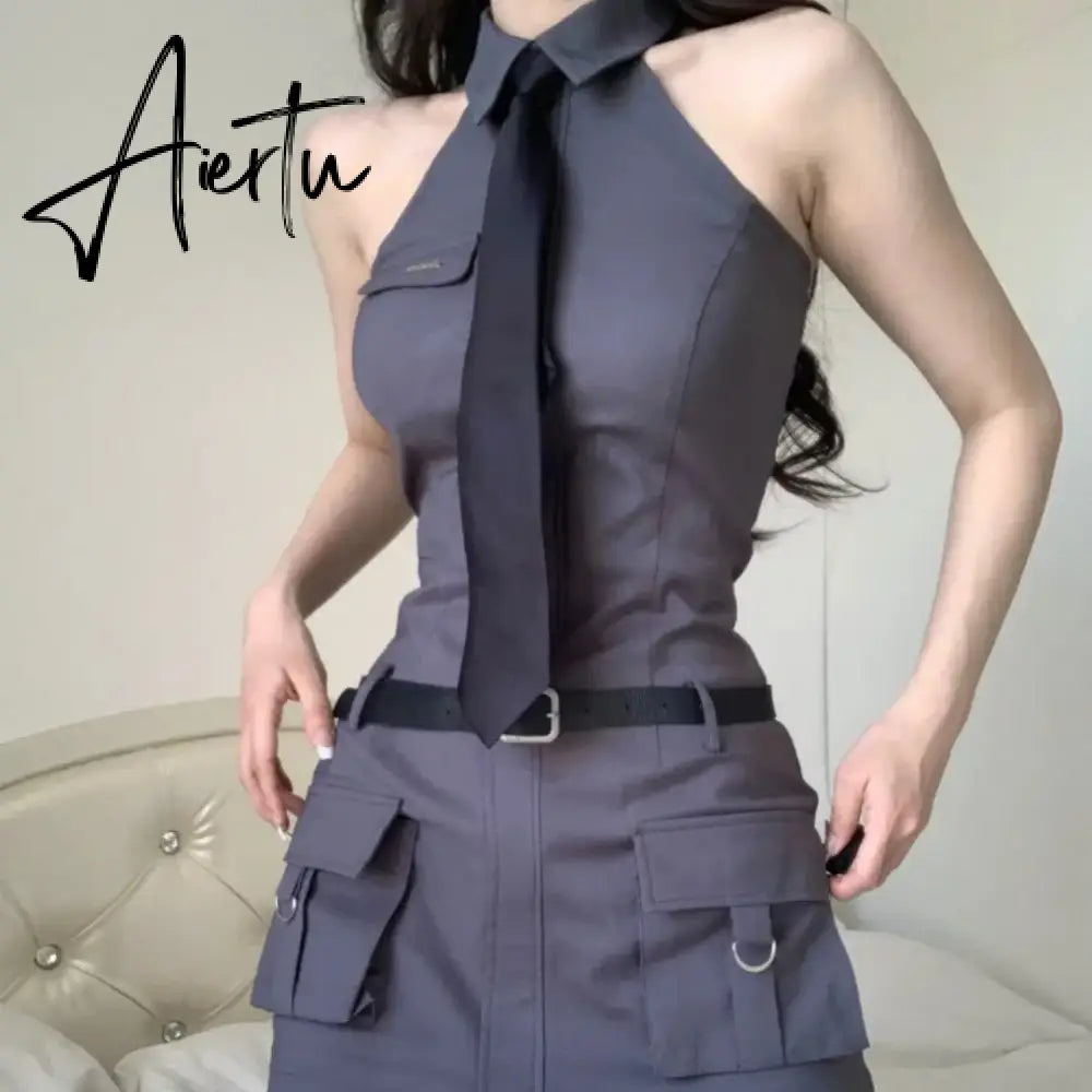 Aiertu Halter Collar Elegant One Piece Dress Women Summer New American Fairy Sleeveless Sweet Dress Chic Y2k Vintage Belt Dress Lady Aiertu