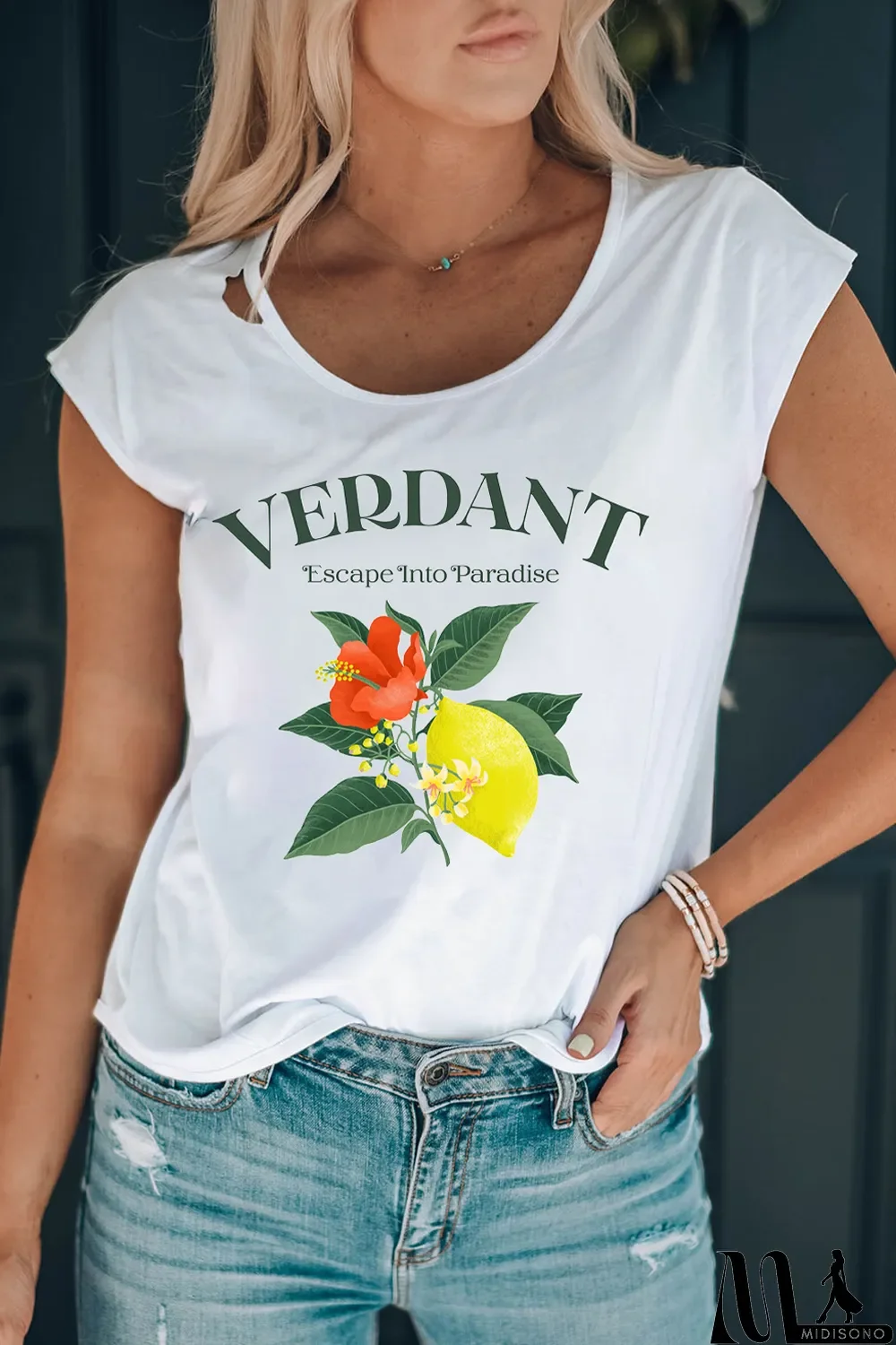 MidiSono - White VERDANT Flower Lemon Graphic Print Crewneck T Shirt