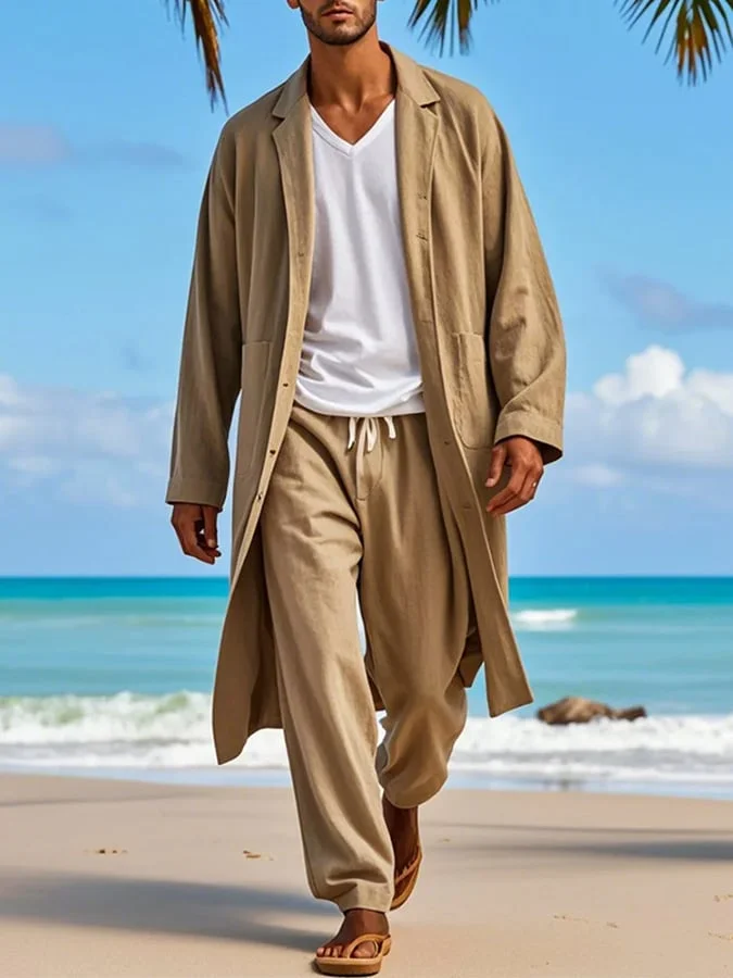 Men's Casual Solid Color Cotton And Linen Two-Piece Set 