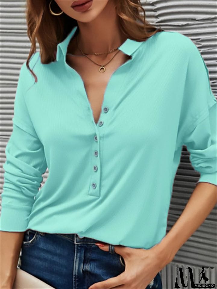 MidiSono - Women's Spring V Neck Button Design Pullover Slim Fit Blouses