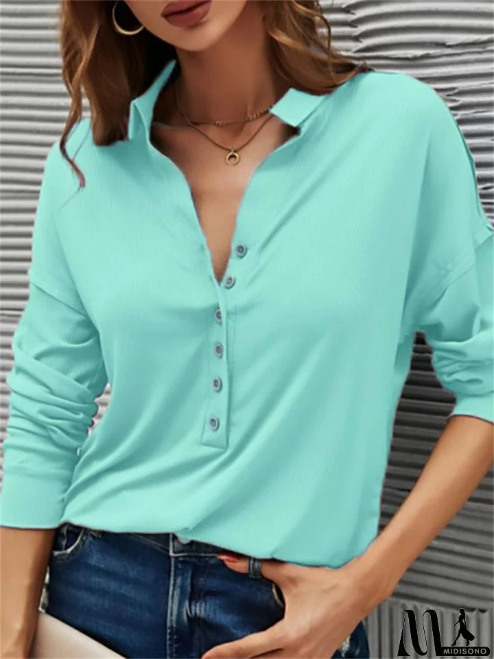 MidiSono - Women's Spring V Neck Button Design Pullover Slim Fit Blouses