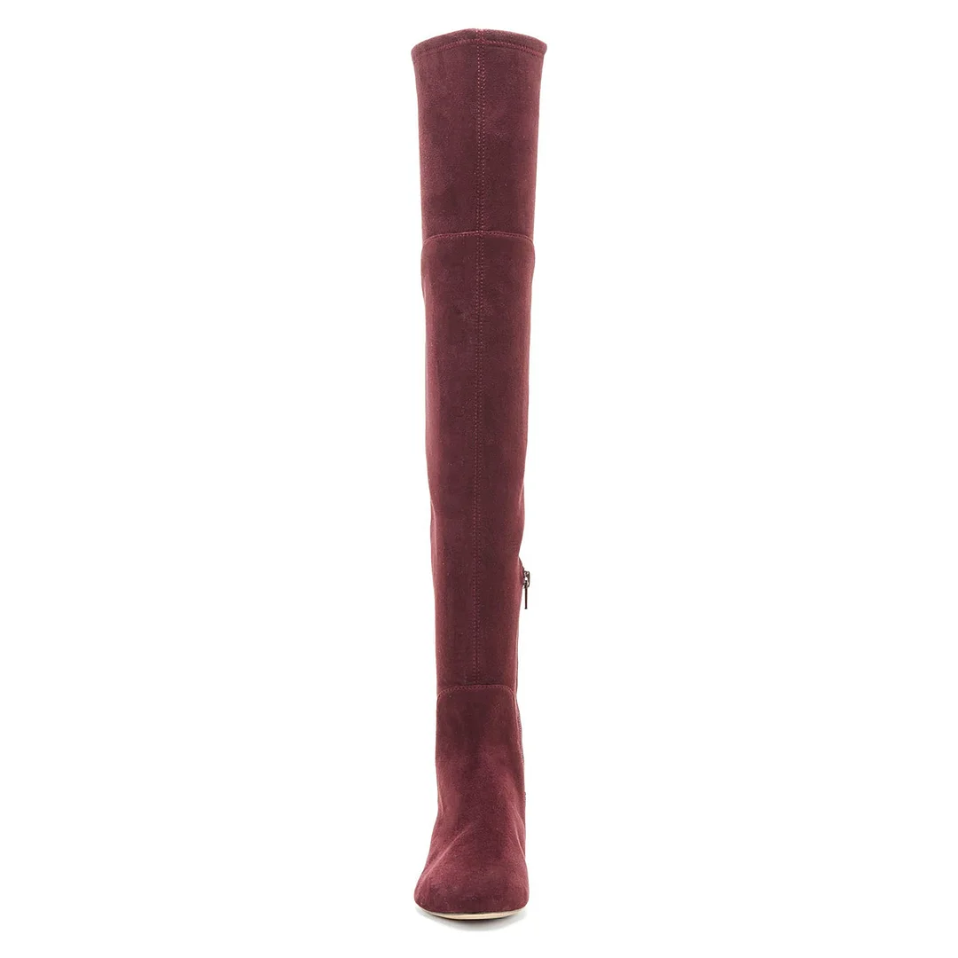 Maroon Faux Suede Side-Zip Lace-Up Block Heel Thigh-High Boots
