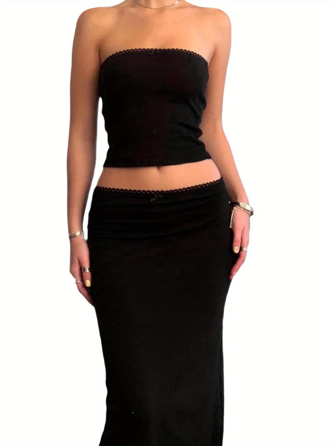 Women Summer Clothes Lace Trim Strapless Tube Top And Long Pencil Skirt 2pcs Outfits Beach Streetwear | IFYHOME