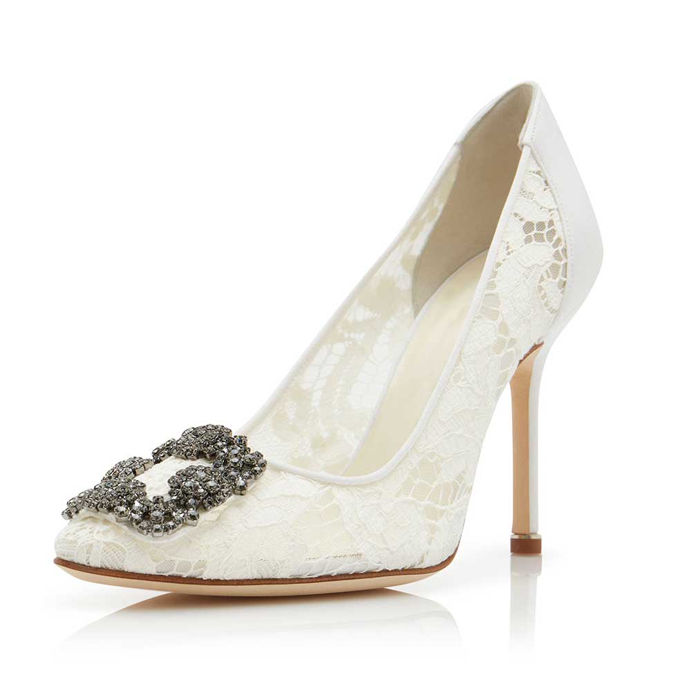 Ivory Floral Lace Crystal Buckle Almond Toe Stiletto Heel Pumps Shoes Nicepairs