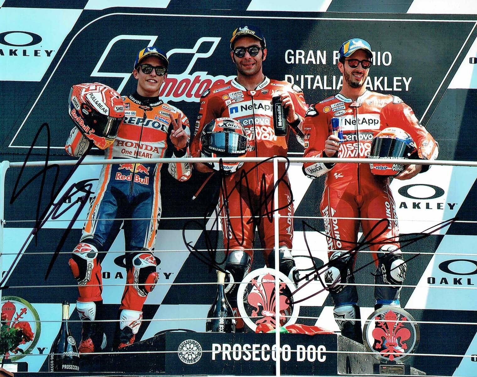 Marc MARQUEZ, Danilo PETRUCCI & Andrea DOVIZIOSO SIGNED Photo Poster painting AFTAL COA MOTOGP