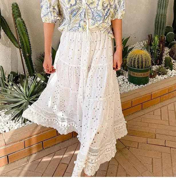 Boho White Hollow Out Embroidered Splicing Lace Hem Long Skirt