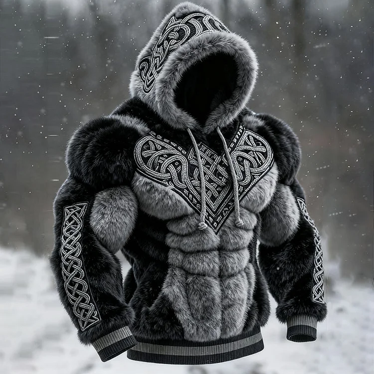 Men's Vintage Viking Tribal Jacquard Celtic Muscle Line Inspired Art Plush Warm Hoodie
