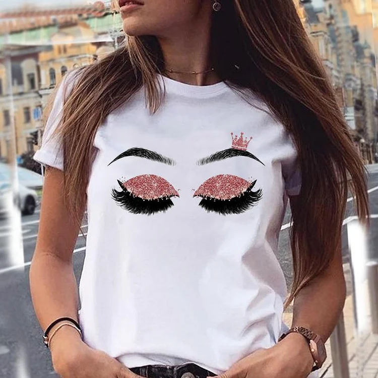 Women Eye Funny Printing Graphic Make Up Eyelash Style Cartoon Summer Female Clothes Fashion Print Tops Tees Tshirt T-Shirt
