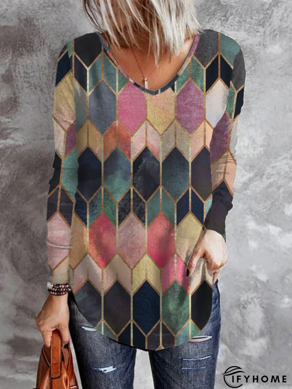 Casual Geometric Printed Tunic T-Shirt | IFYHOME
