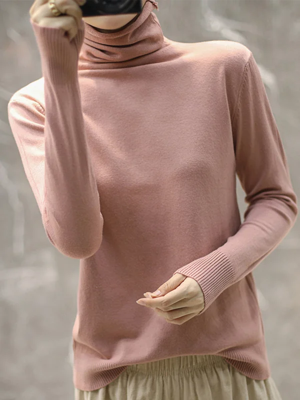 Simple Loose Long Sleeves Solid Color High-Neck Pullovers
