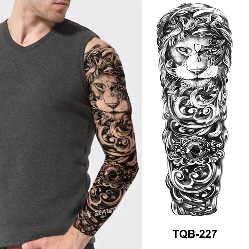 Sdrawing Temporary Full Arm Tattoos Man Women Cool Leg Art Tiger Wolf Black Sleeve Large Fake Sticker Glitter Multiple Style