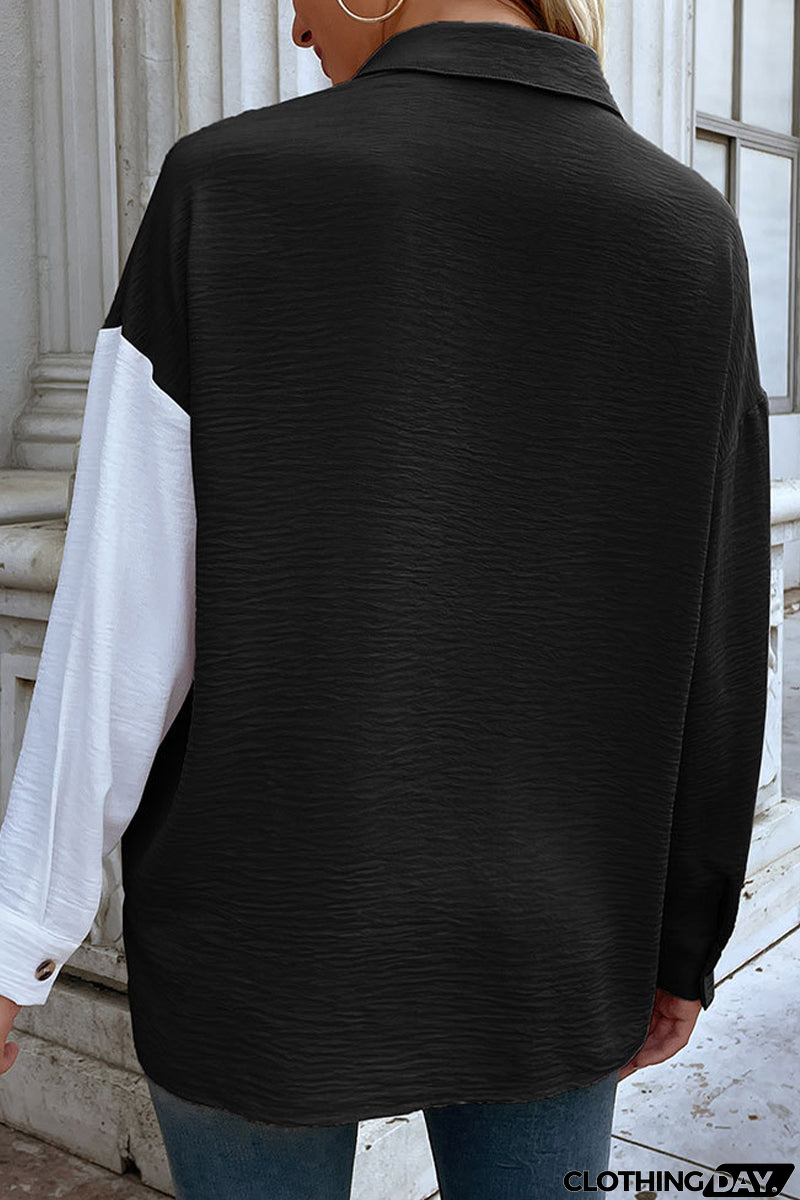 Elegant Color Block Pocket Contrast Turndown Collar Tops