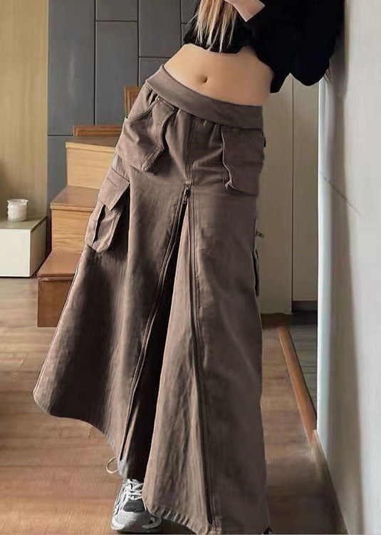 VCSHOES Chocolate Solid Zip Up Pockets Silk A Line Skirt Fall