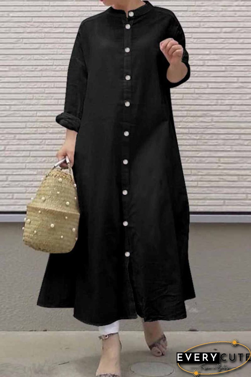 Street Solid Mandarin Collar Shirt Dress Dresses
