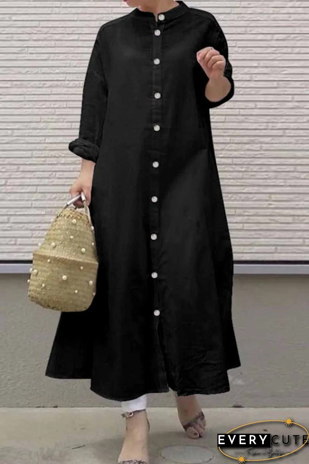 Street Solid Mandarin Collar Shirt Dress Dresses