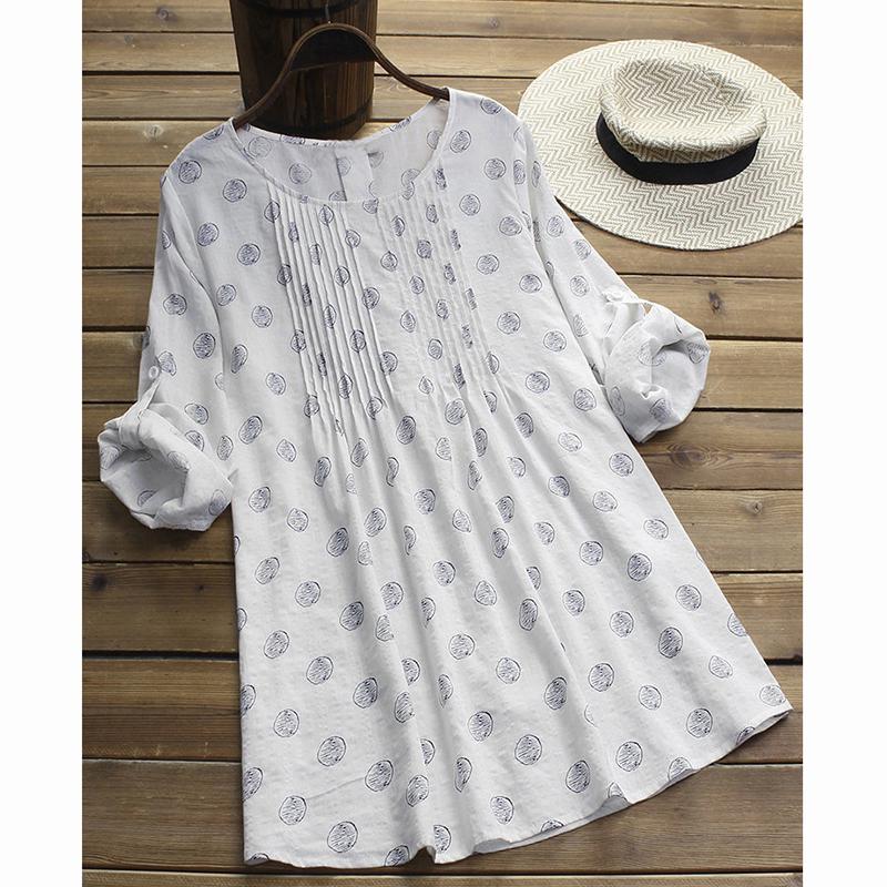 Women Summer Dress Cotton Fashion Printed Loose Long Sleeves Round Collar Large Size Blouse Shirts