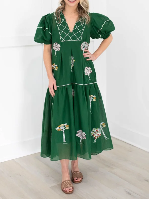 Trees Puff Sleeve Midi Dress