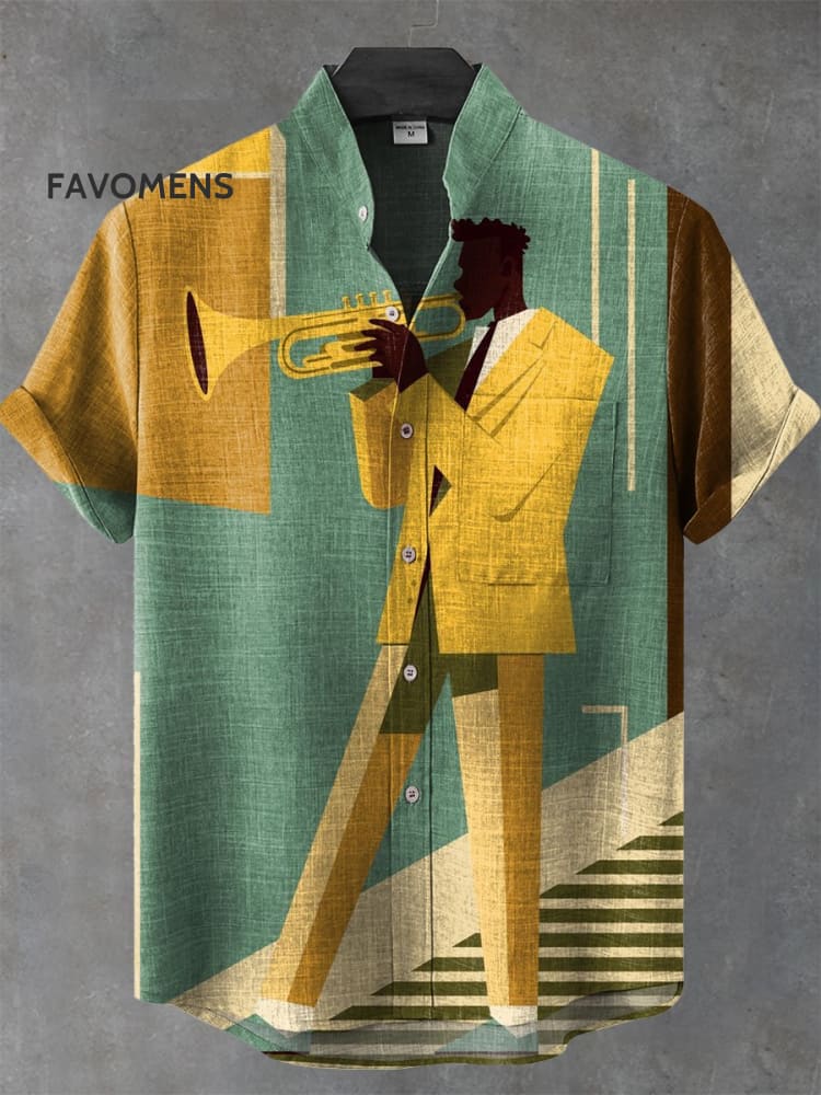 Vintage Colorblock Musician Graphic Art Print Casual 100% Cotton Shirt Multicolor / S