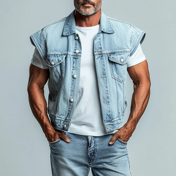 Men's Denim Turndown Collar Button Cap Sleeve Vest